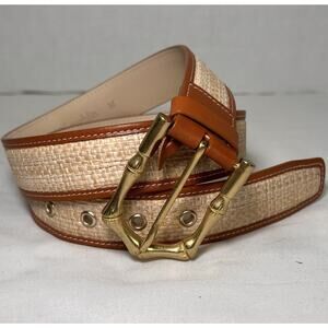 J.McLaughlin Belt Women Size M Brown Tan Woven Rattan Leather Trim Gold Buckle